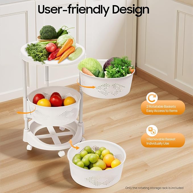3 Tier Rotating Kitchen Storage Basket Rack Storage Shelf Cart Fruit Vegetable Organizer with Casters Rolling Multi-Layer Round Bin Storage Space Saver for Home Household Grocery
