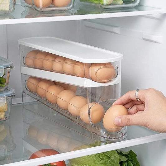 Auto-Rolling Egg Dispenser with Lid - Transparent Fridge Egg Organizer, Space-Saving Refrigerator Storage Box with Slide Design for Side Door, Stackable & Easy Access (1 Pack)