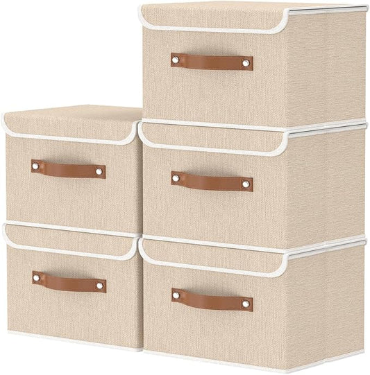 OUTBROS Fabric Storage Bins Cube Organizers with Flip-Top Lid and Handles,Storage Boxes for Organizing Home,Office,and Closet,Beige,5 Pack 10.2 x 7.9 x 6.7 in