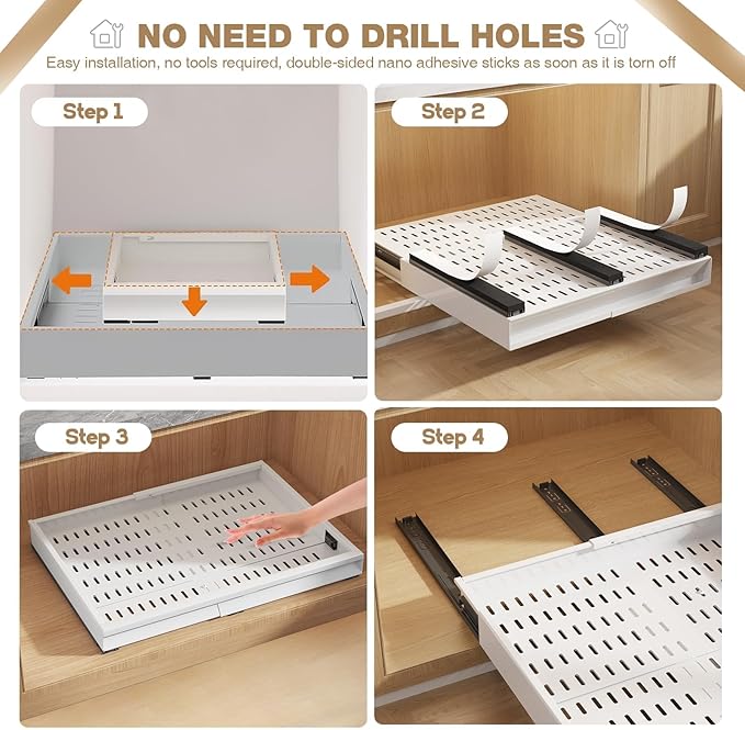 Seinloes 2 Pack Pull Out Cabinet Organizer With Raising Pad for Framed Cabinets,Expandable Width (13"-21") and Depth (13"-17"),3 Slide Rails Slide Out Drawers with Handle,No-Drill Roll Out Shelf,White