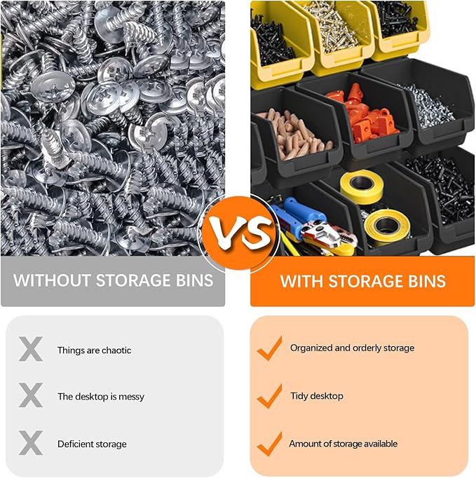 Wall Mounted Storage Bins, Nut and Bolt Organizer, Plastic Bolt Bin, Screw Organizer, Storage Bins for Garage (YELLOW+BLACK, LARGE(60PCS))