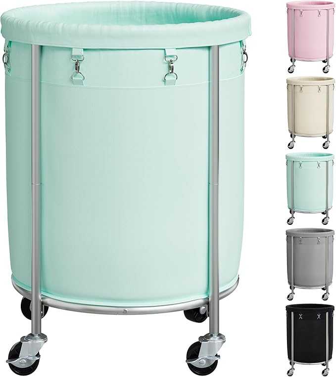 ELYKEN 190L Laundry Basket with Wheels, Large Rolling Laundry Hamper with Removable Liner Bag, Round Rolling Laundry Cart, Dirty Clothes Hamper for Hotel, Home, Closet, Dorm, Mint Green