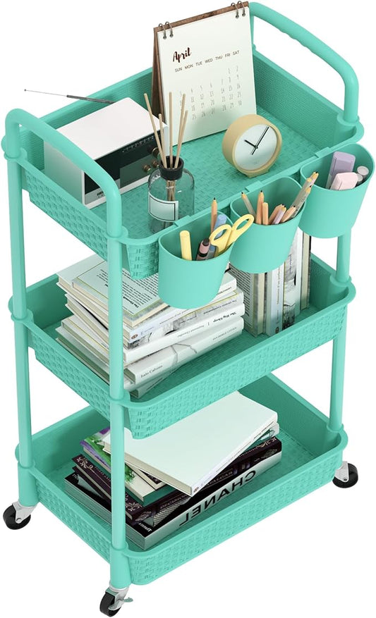 MOYIPIN 3-Tier Plastic Rolling Utility Cart with Handle,Utility Storage Cart for Office, Living Room, Kitchen,Movable Storage Organizer Shelves,Turquoise with 3 Hanging Cups