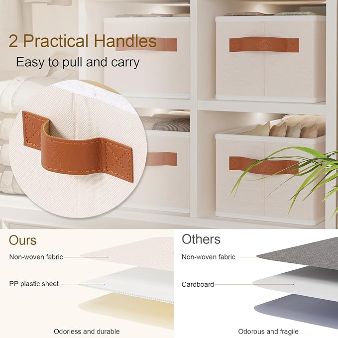 Storage Baskets, Foldable Storage Cubes, Collapsible Clothes Organizer Boxes with Double Handles for Shelves, Beige, 15 x 6 x 5 Inch, 5-Pack