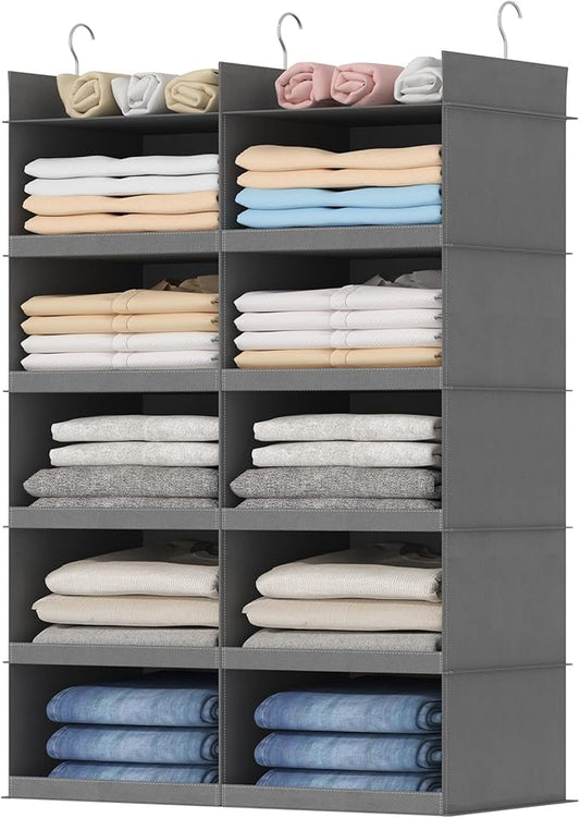 Lifewit Dual-Row Shelf Hanging Closet Organizer and Storage, Clothes Shelves with 3 Sturdy Hooks for Clothing Organization, Foldable Container Hold Up to 30 Sweaters, 5 Tier 10 Sections, Gray