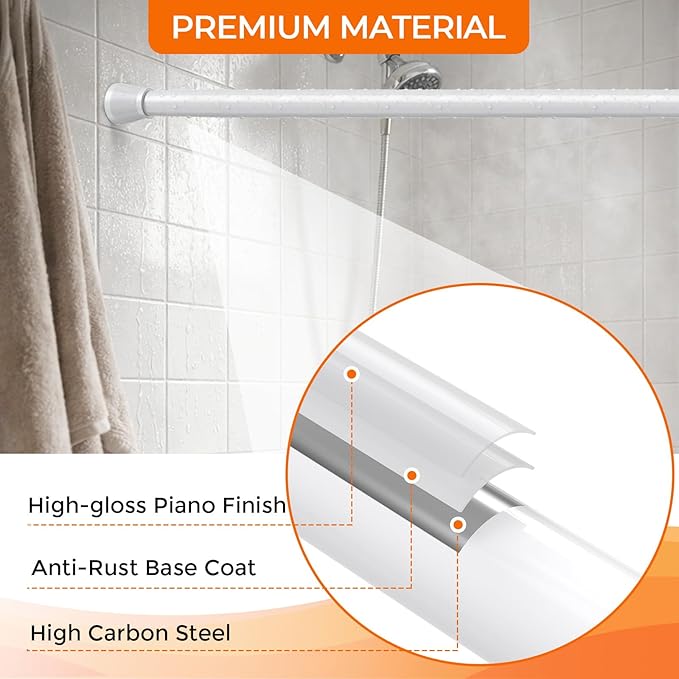 Tension Curtain Rod 30-64 Inch 7/8" Diameter, Adjustable No Drilling White Spring Loaded Curtain Rods for Window, Doorway, Bathroom, Closet, Kitchen, Shower Stall