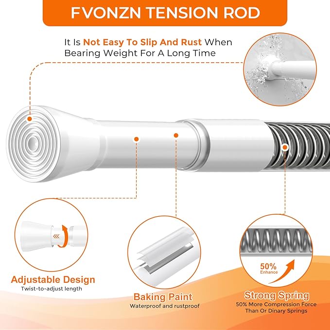2Pack Tension Curtain Rod 28-48 Inch 7/8" Diameter, Adjustable No Drilling Rustproof White Spring Loaded Curtain Rods for Window, Doorway, Bathroom, Closet, Kitchen, Shower Stall