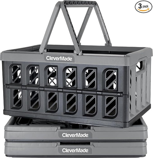 CleverMade Eco Collapsible Shopping Basket with Handles, 24L Stone, 3 Pack