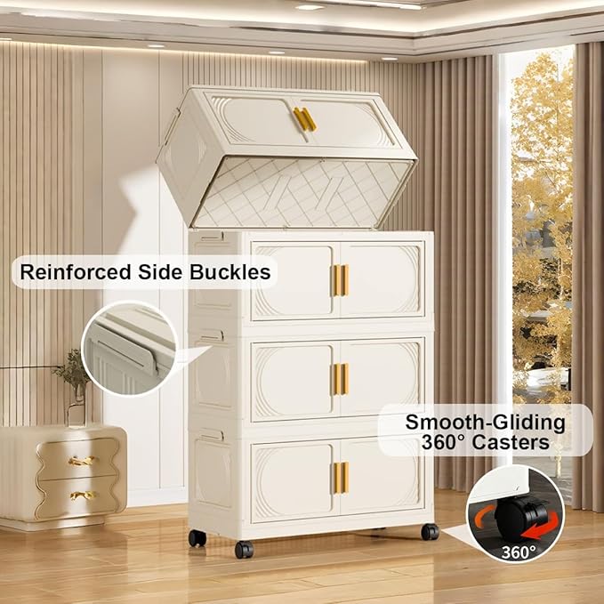 4-Tier Stackable Storage Bins with Wheels & Magnetic Doors, Foldable Collapsible Organizer Cabinet with Lids, 40 QT Arc-Design Storage Boxes for Bedroom, Kitchen, Office, Dorm