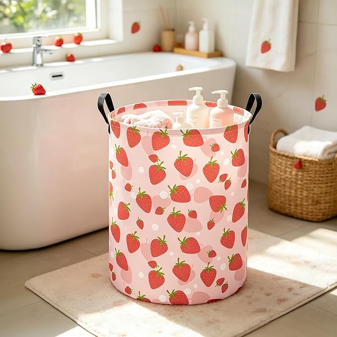 HUNRUNG Collapsible Fabric Storage Basket, Waterproof Laundry Hamper with Handles, Round Storage Bin for Clothes Toys, Foldable Organizer for Bedroom Nursery Bathroom(Round-Pink Strawberry)
