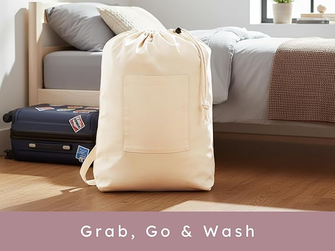 PurpleEssences Laundry Bag Durable Clothes Drawstring Bag Machine Washable Travel Laundry Organizer for Dorm, College, Hamper - Set of 1, 15 x 28 Inch, Laundry Bag - Natural