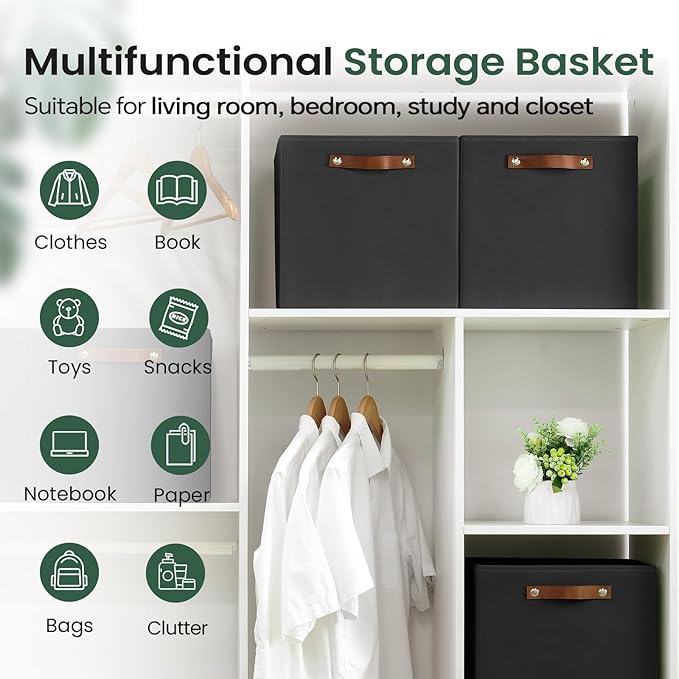 FinishingBo 6-Pack Storage Cubes with Handles & Label Holders Basket, Closet Cube Home Organizer Bins(Black, 13 x 13 x 13 inch)