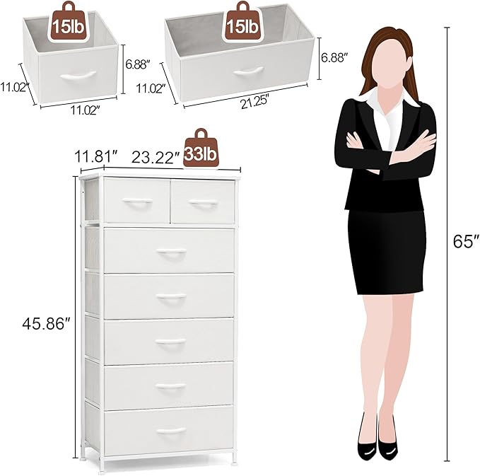 Crestlive Products Vertical Dresser Storage Tower - Sturdy Steel Frame, Wood Top, Easy Pull Fabric Bins, Handles - Organizer Unit for Bedroom, Hallway, Entryway, Closets - 7 Drawers (White)