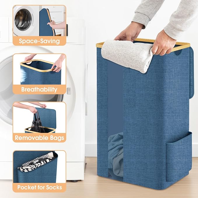 SpaceTrove Laundry Basket Clothes Hamper with Lid and Pocket Large Collapsible Laundry Baskets with Handle, Freestanding Hampers for Bedroom Aesthetic, Dorm, Bathroom, Laundry Room (100L,Light Blue)