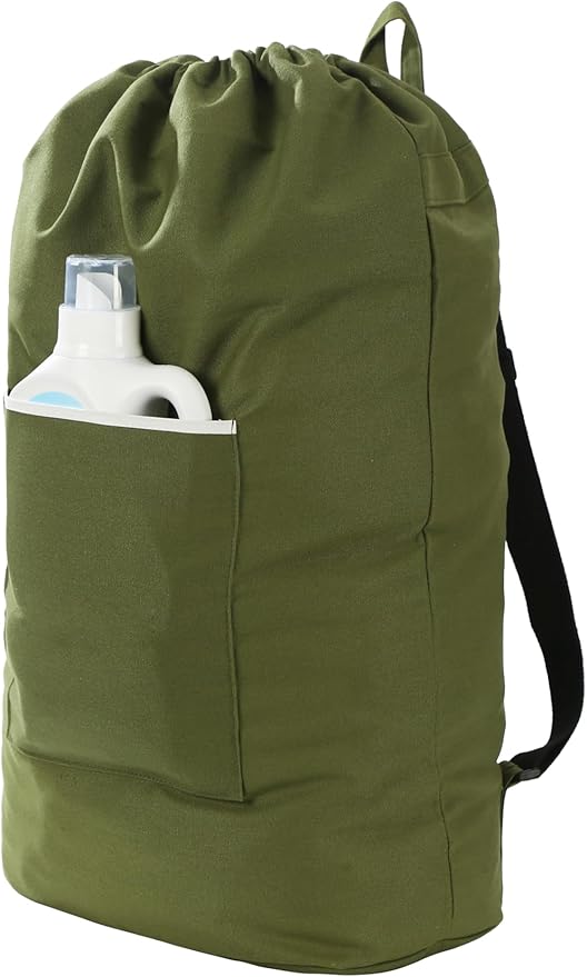 Canvas Laundry bag, Washable Laundry backpack, Adjustable Straps, Large Front Pocket, Drawstring Closure (ARMY GREEN, XX-Large)