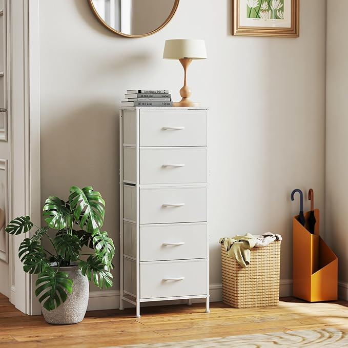 DUMOS Nightstand with 5 Drawers Bedside Table with Removable Fabric Bins Sturdy Steel Frame Wood Top Organizer Furniture for Bedroom Nursery Closet Living Room, White