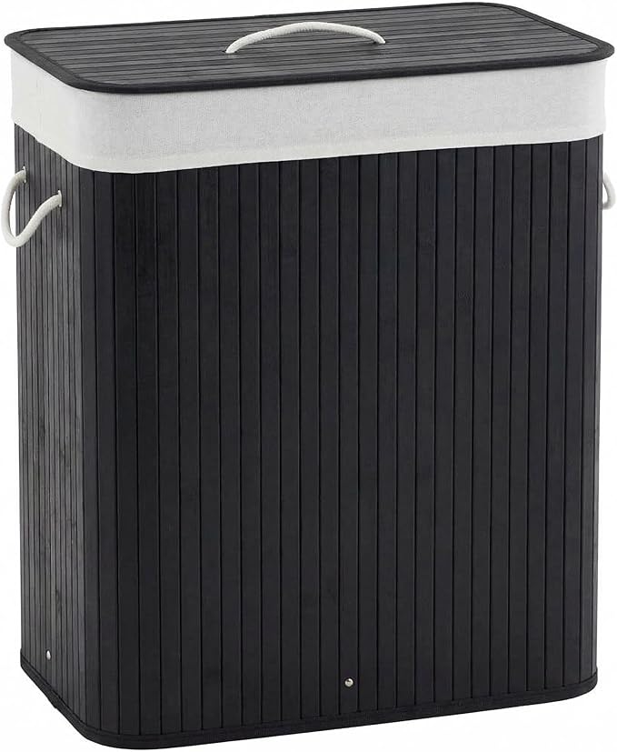 GarveeHome Folding Bamboo Laundry Hamper with Lid, 27.5 Gallon Wooden Laundry Basket with Washable Liner Bag, Slim Clothes Storage Hamper for Small Bedrooms Apartments Dorms (Black - Rectangle)