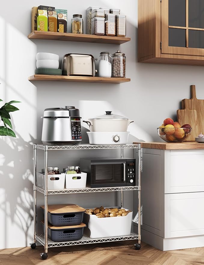 Simple Deluxe 3-Tier Heavy Duty Storage Shelves 750Lb Capacity, 24.02" D x 13.78" W x 29.92" H Adjustable Shelving Unit with Wheels, Chrome, 2 Pack