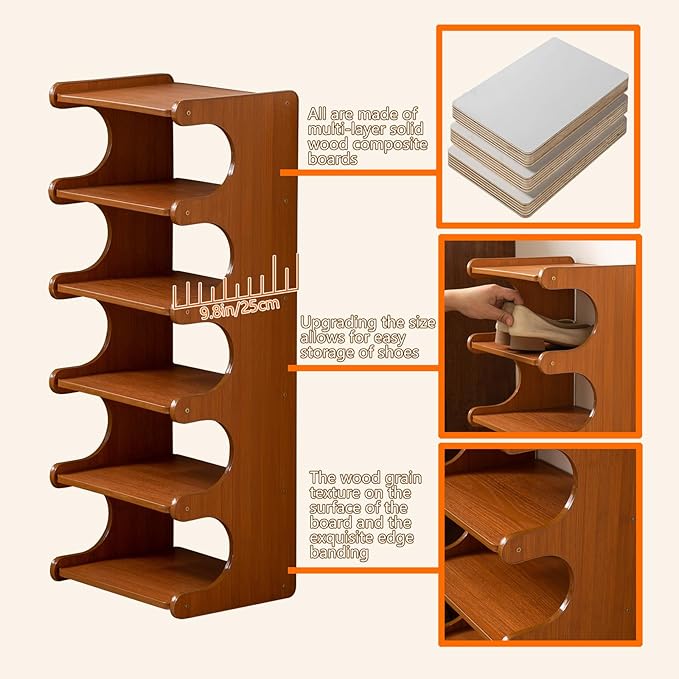 Tall Narrow Solid Wood Shoe Rack, 8 Tier Vertical Wooden Shoe Storage Tower, Freestanding Corner Multi-Layer Organizer for Entryway(12.6" L x 9.84" W x 44.1" H)