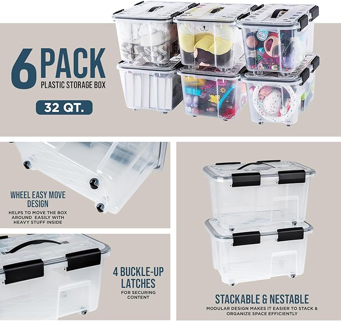 Lifemaster Stackable Storage Box Set - 6 Pieces 32 Quarts Multi-purpose, Space-Efficient Stackable Storage Boxes with Nestable Design, Secure Latches, Easy-Move Wheels & Pull-Out Base - Clear
