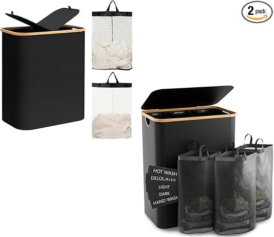2pcs FLaundry Hamper with Lid,Collapsible Dirty Clothes Hamper Organizer | Large Capacity Space-Saving Design for Bedroom/Laundry Room Essentials (Black)