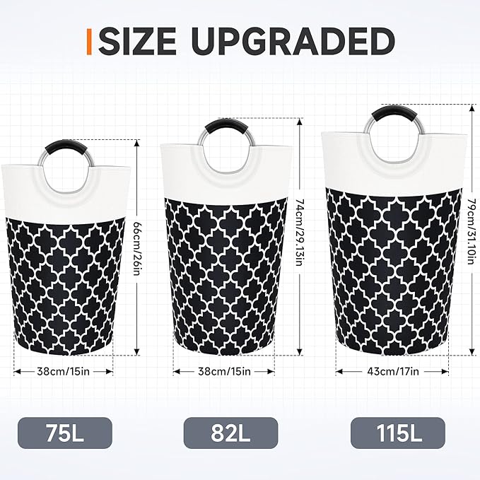 Fabspace Large Laundry Hampe Basket Washing Bin Clothes Bag Collapsible Tall with Handles Waterproof Travel Bathroom College Essentials Storage for College Dorm, Family (Black) 82L