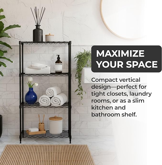 4-Tier Heavy Duty Adjustable Shelves, Metal Storage Rack with 250-lb Shelf Capacity, Matte Black, 14" W x 24" L x 47" H