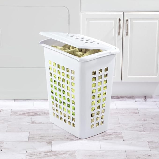 Sterilite Rectangular LiftTop Laundry Hamper with Lid, Handles to Easily Carry Clothes Between the Laundry Room and Bedroom, Plastic, White, 12-Pack