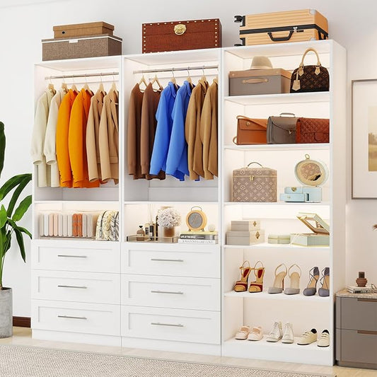 Closet System with 3 Sets, 6FT-15FT Closet Organizer Systems with 6 Wooden Drawers 8 Shelves & 4 Hanging Rods, Walk in Closet freestanding Corner Modular Closet Storage System White (6FT)