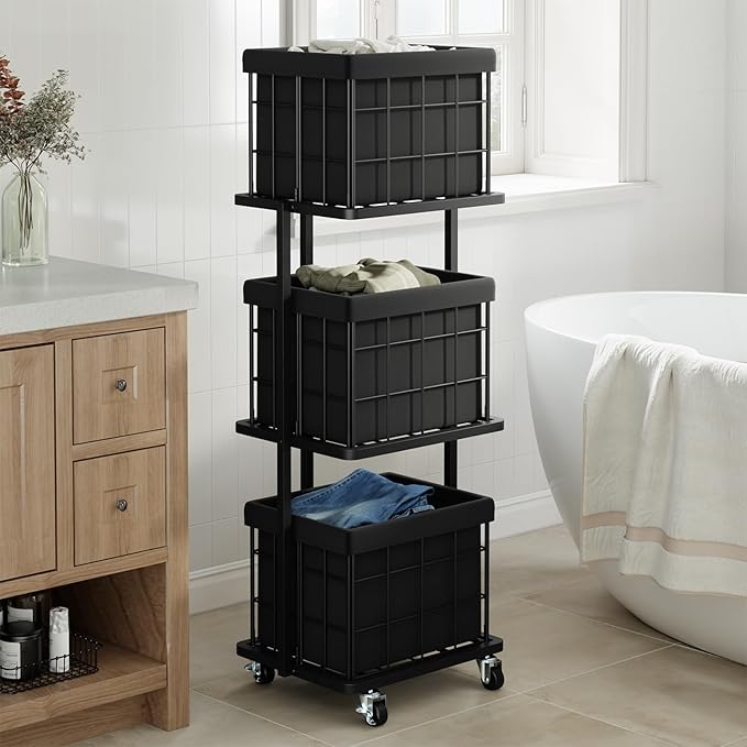 120L Vertical Rolling Laundry Hamper with Removable Bags, 3 Section Laundry Basket with Wheels, Slim Tall 3 Tier Laundry Sorter for Small Spaces, Dorm, Laundry Room, Bathroom, Closet, Black