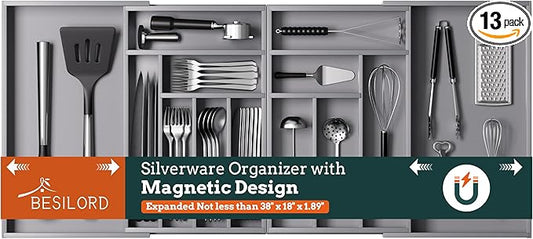 Silverware Organizer Large, Magnetic Connected Expandable 13 Slots Silverware Drawer Organizer from 21 to 37.4 Inches, Adjustable Flatware and Cutlery Holder, Bamboo Utensil Tray for Kitchen Gray