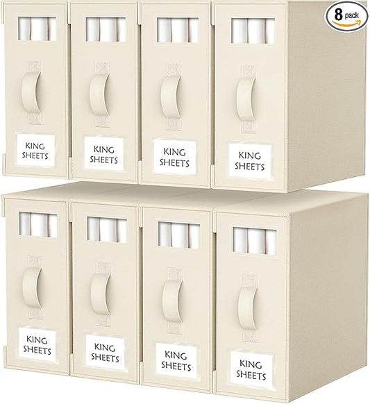 Criusia Bed Sheet Organizers and Storage, 8 Pack Foldable Linen Closet Organizer Box – Bedding Holder for Sheet Set (King/Queen Sizes), Duvet Covers, Blankets (Beige)