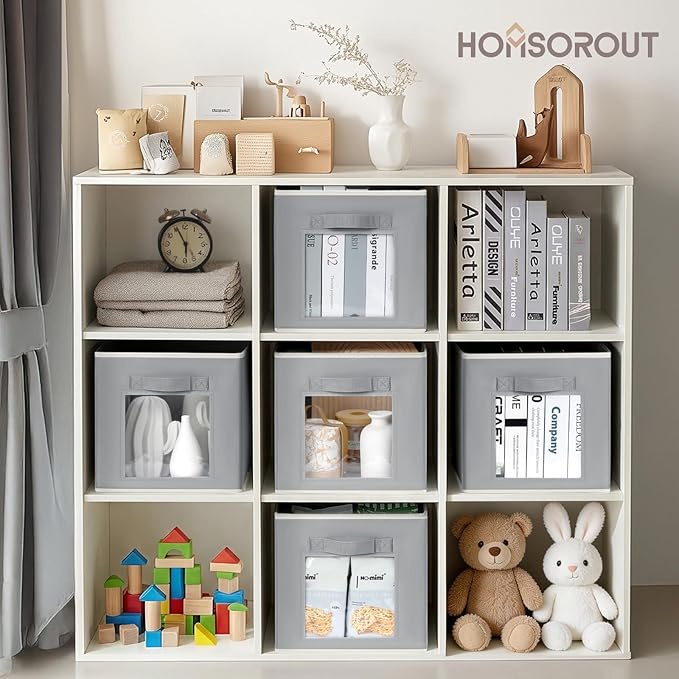 Homsorout Bins for Closet Organization - Cubby Storage Organizer with Window, Closet Baskets for Shelves, Folding Cubes for Storage, Storage Bins for Home, 11inch, Set of 8, Grey