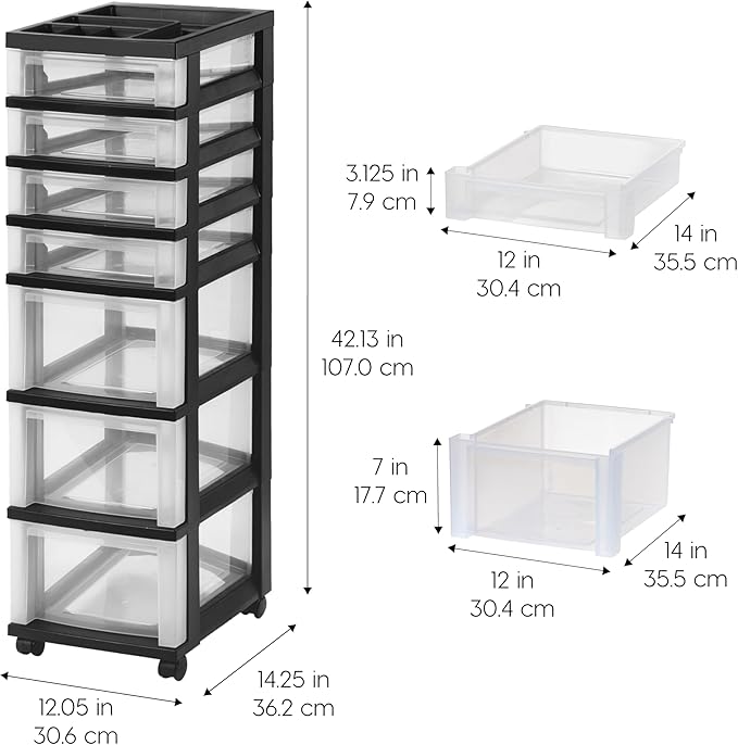 IRIS USA Plastic Drawer Storage Organizer Rolling Cart, with Wheels Casters, 7-Drawers, for Classroom Art Craft Supplies Dresser Closet Bathroom Laundry Room, Black/Clear