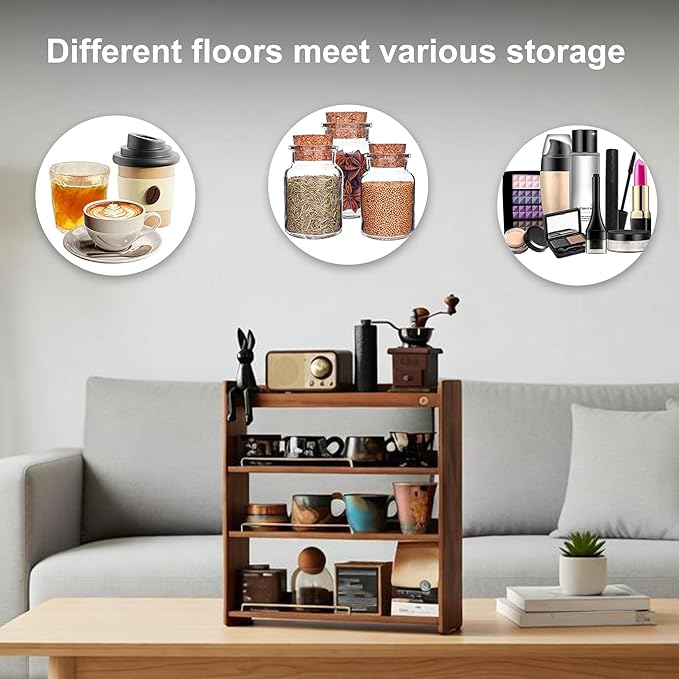 Wooden Cup Holder 4 Tier Walnut Wooden Shelf Organizer Coffee Station Organizer for Kitchen Home