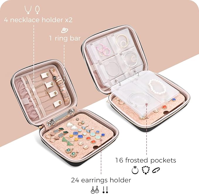 ProCase Medium Travel Jewelry Organizer Case, Jewellery Home Storage Book Ring Binder with Clear Pockets for Presentation, Zippered Pouch Bag for Earrings Necklaces Bracelets -Black
