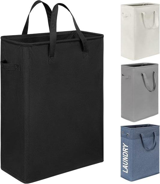 Chrislley 45L Slim Laundry Hamper Narrow Laundry Basket with Handle Foldable Dirty Clothes Portable Skinny Hamper Organizer Storage Bins (22 inches, black)