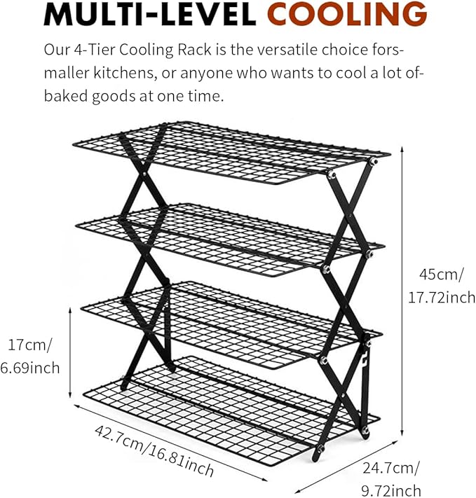 PowerKing Upgraded Collapsible 4-Tier Cooling Rack, Adjustable Stackable Non-Stick Wire Rack for Baking, Roasting, Drying, Cookies, Cakes, Muffins, Space-Saving, Gifts for Baking Enthusiasts