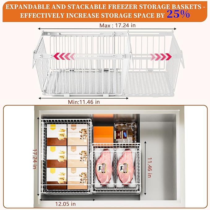 Large Freezer Organizer Bins，Upgraded Bottom Leak-Proof net，4 Pack， Expandable Stackable Chest Freezer Containers with Handle，for Fridge, Deep Freezer, Cabinet, Kitchen, Pantry (White-4Pack)
