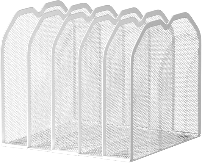 FANXIYQ White 5-Section File Folder Organizer for Desk – 8.5"×9.3" Metal Vertical File Holder, Desktop File Organizer Vertical Stand, Letter/A4 Upright File Sorter