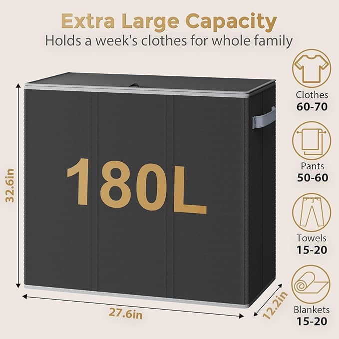 Optish 180L Laundry Hamper 3 Section, Large Laundry Hamper with Lid, Dirty Clothes Hampers with Handles, Laundry Basket Organizer for Laundry, Bedroom, Bathroom, Laundry Sorter Baskets, Black