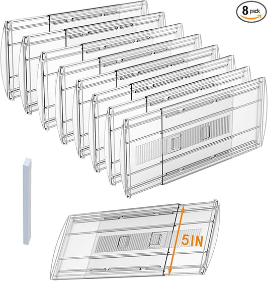 8 Pack Adjustable Drawer Dividers for Clothes,5" High Expandable From 13-21" Clear Drawer Organizers, PC Plastic Separators for Dresser/Bedroom/Bathroom/Kitchen/Office Storage