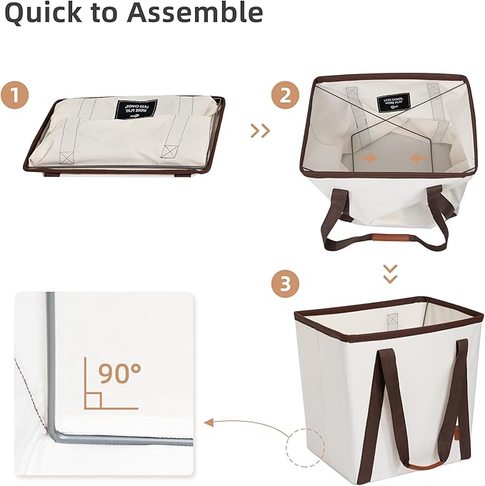 STORAGE MANIAC Collapsible Laundry Caddy, 64L (17 Gal) Large Collapsible Laundry Basket with Sturdy Metal Wire Frame, Long Carry Handles - Space-Saving, Foldable Laundry hamper, 1 Pack Beige