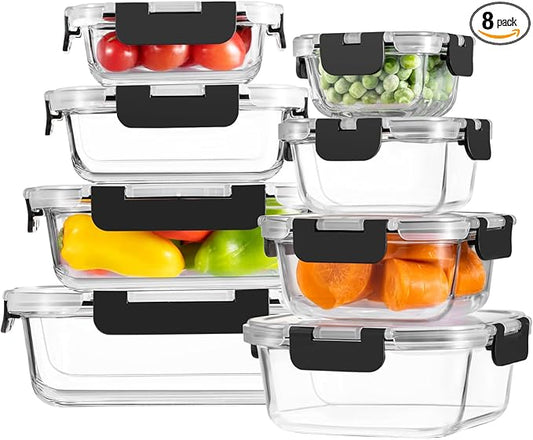 8 Pack Borosilicate Glass Food Storage Containers with Lids, Glass Meal Prep Containers, Airtight Bento Lunch Boxes with Snap Locks, Oven, Freezer and Dishwasher Safe, BPA Free, Kitchen Storage Set