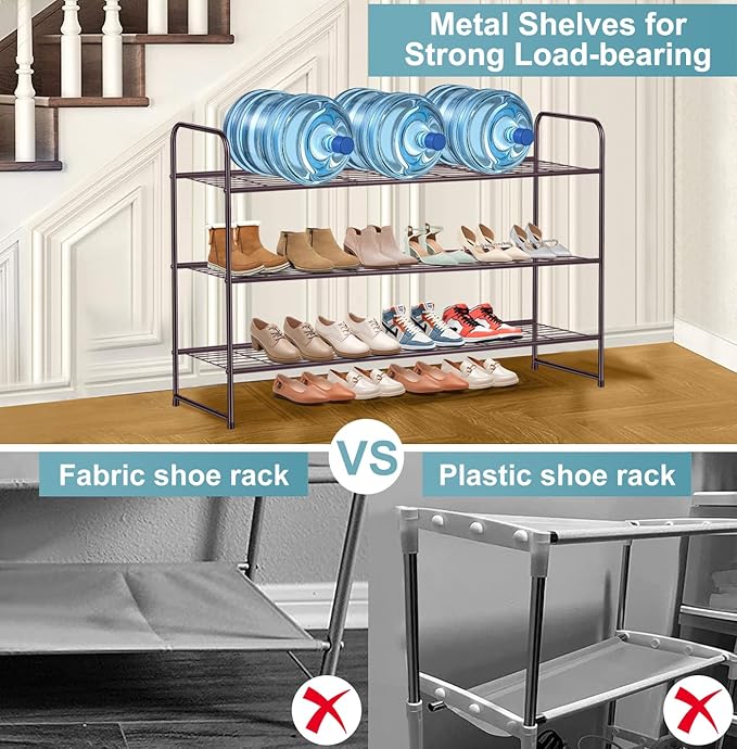 AOODA Long 3 Tier Metal Shoe Rack for Closet Wide Stackable Shoe Storage Organizer for Entryway, Bedroom, Floor, 24-Pairs Men Sneakers Shoe Shelf with Wire Grid, Brown