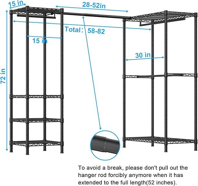 ULIFHOME E10L L-Shaped Clothes Rack for Corner（With Expandable Hanger Rod）Heavy Duty Freestanding Clothing Racks for Hanging Clothes，Portable Garment Rack 58-82"W x 30"D x 72"H，Max Load 900LBS，Black