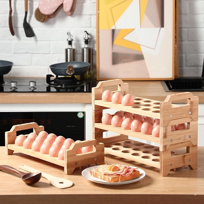 Reallnaive 4 Tier Wooden Egg Holder for Countertop, Bamboo Stackable Fresh Eggs Storage Farmhouse Collecting Rack for Gathering Kitchen Organizer or Easter Egg Display, Stackable with 72 Eggs(Wood)