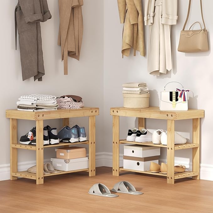 Sweetcrispy Shoe Rack Bench, 3-Tier Bamboo Entryway Storage Organizer, 286lb Capacity, Shoes Stand for FrontDoor Entrance, Bedroom, Living Room, Bathroom, Balcony, 19 Inches Length, Wood