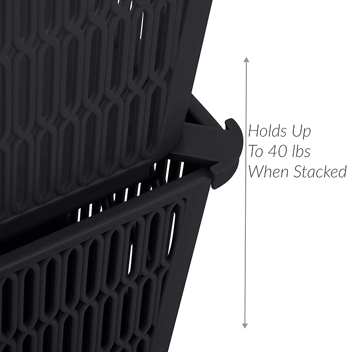Simplify 4Pk Large Slide 2 Stack It Tote Basket | Storage & Organization | Open Bins with Stackable Capability | Bathroom | Crafts | Pantry | Playroom | Office | Black (KIT-25930-BLK-4PK)