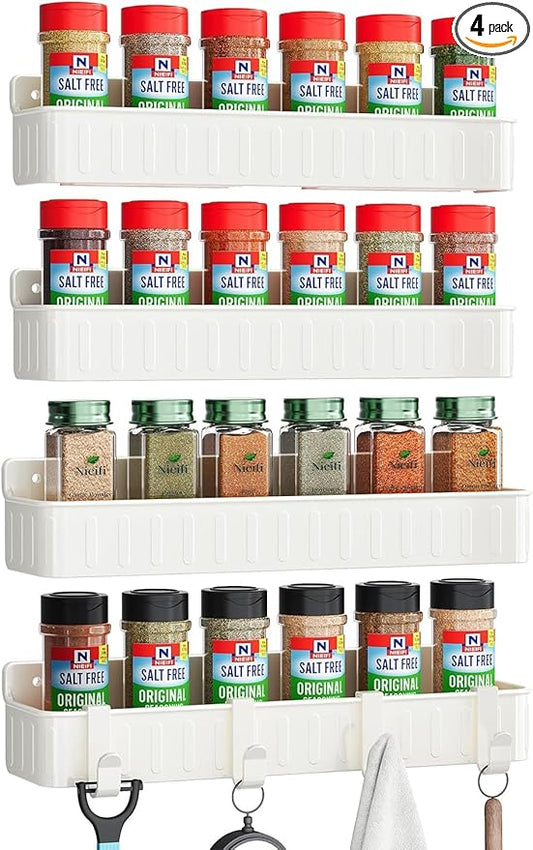 Nieifi Spice Rack Wall Mount, Spice Organizer for Spice Jars, Screw or Adhesive Hanging Organizer for Kitchen Cabinet or Pantry Door, 4 Pack, White, ABS Plastic